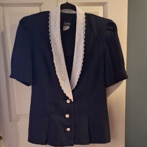 Vintage Jenny Navy Blazer with White Lace Trim Lapel 12